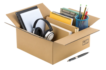 Cardboard moving box filled with office supplies including headphones, notebooks, pens and school materials, isolated on a transparent background