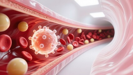 The red blood cells, lipids, and immune cell flowing through 3d blood vessel tunnel with glowing textures, high cholesterol, hyperlipidemia, hypercholesterolemia