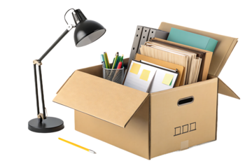 Moving box filled with office supplies, folders, desk lamp and organizational items for relocation, isolated on a transparent background