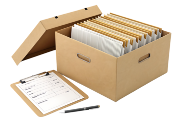 Storage box with hanging file folders and clipboard for document organization and office filing, isolated on a transparent background