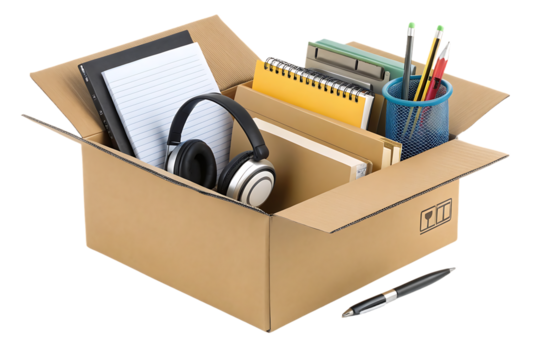 Cardboard moving box filled with office supplies including headphones, notebooks, pens and school materials, isolated on a transparent background