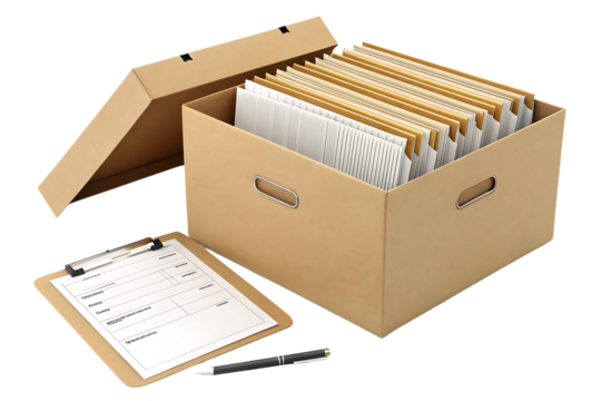 Storage box with hanging file folders and clipboard for document organization and office filing, isolated on a transparent background