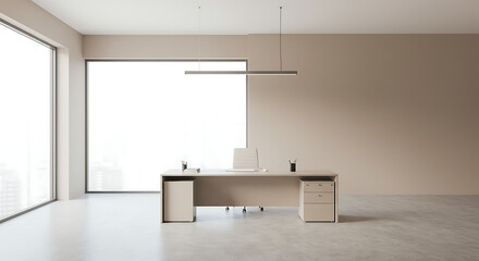 Beige minimalist office interior with large windows and a simple desk.