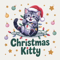Christmas kitty playful kitten with lights, Santa hat and ornaments, cozy holiday illustration, greeting card vector