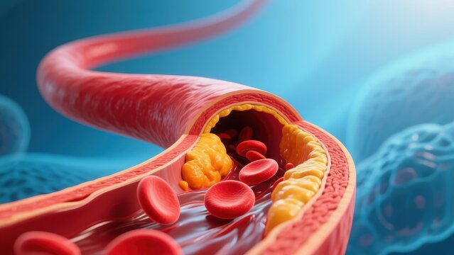 Cross section of human artery with red blood cells moving past yellow plaque deposits, showing blood flow restriction, high cholesterol, hyperlipidemia, hypercholesterolemia