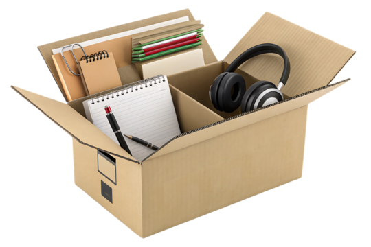 Open cardboard box with office supplies including headphones, notebooks, pens, and colored pencils, isolated on a transparent background
