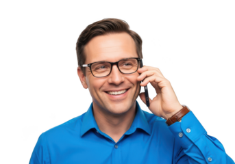 Smiling man in glasses talking on the phone, isolated on transparent background