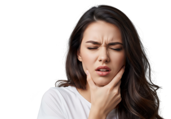 Young woman with toothache, holding her jaw in pain, isolated on transparent background