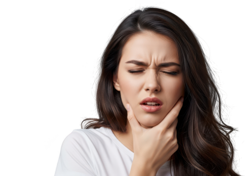 Young woman with toothache, holding her jaw in pain, isolated on transparent background - Powered by Adobe