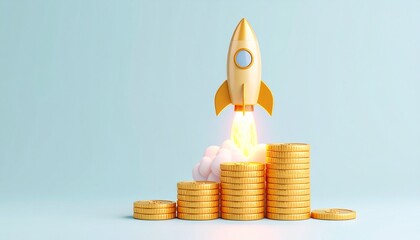 3D illustration of rocket launching from golden coins stack symbolizing financial investment growth and business success