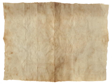 Aged and creased parchment paper with torn edges isolated on transparent background