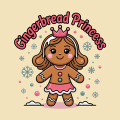 Gingerbread princess cookie character, icing crown and candy buttons, cute christmas bakery mascot for kids poster, label and card