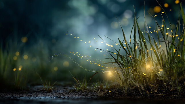 Magical fireflies illuminating a dark meadow at night