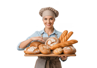 Smiling baker woman holding tray of fresh bread isolated on transparent background