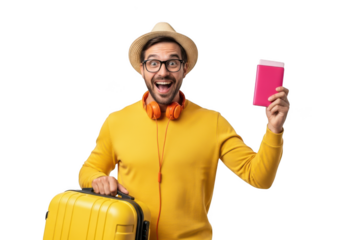 Excited man with hat and headphones holding passport and luggage isolated on transparent background