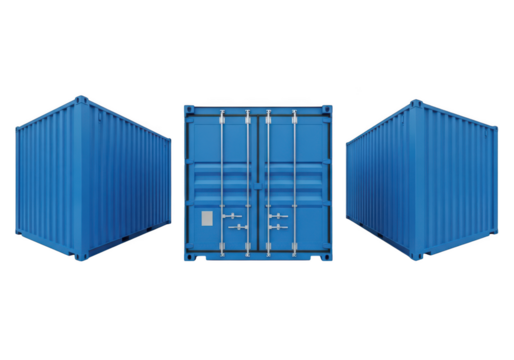 Three blue shipping containers from different angles isolated on transparent background