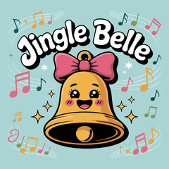 Jingle belle bell character with face and bow, musical notes, cheerful christmas typography for greeting cards, stickers and shirts