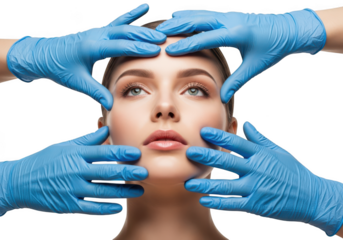 Woman receiving facial treatment with gloves, isolated on transparent background