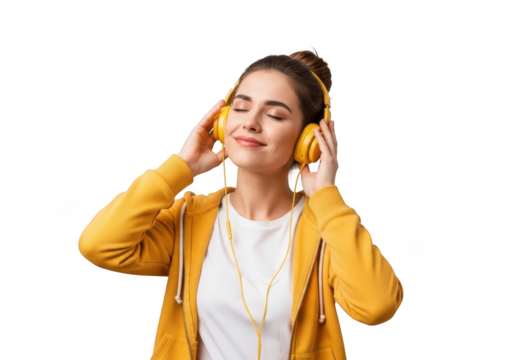Young woman listening to music with yellow headphones isolated on transparent background