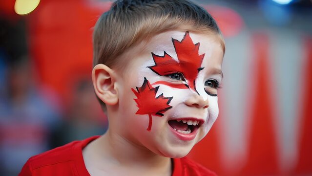 Happy child with Canadian flag maple leaf face paint celebrating Canada Day outdoors, patriotic portrait of smiling boy in red shirt with national colors, festive cultural celebration concept