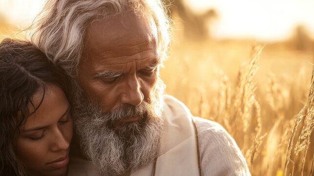 An elderly man and a young woman standing in a field of wheat, both wearing white robes, with the woman's hair flowing in the wind. - Powered by Adobe