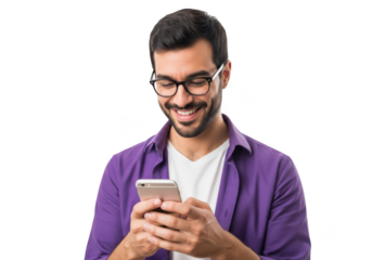Man happily using his smartphone isolated on transparent background