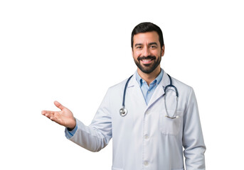 Smiling male doctor in white coat with stethoscope gesturing isolated on transparent background