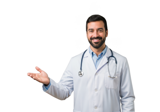 Smiling male doctor in white coat with stethoscope gesturing isolated on transparent background