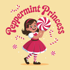 Peppermint princess dancing with peppermint candy playful red dress and striped socks joyful Christmas vector illustration for greeting cards