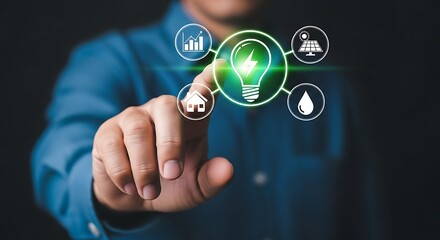 Person touching digital energy icons finger