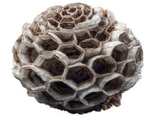 Detailed close up of an empty wasp nest structure isolated on transparent background