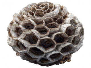Detailed close up of an empty wasp nest structure isolated on transparent background