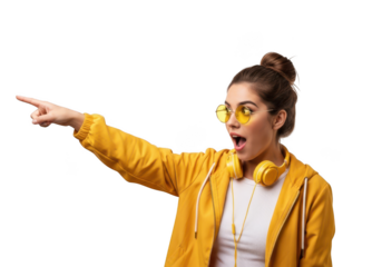 Surprised woman in yellow jacket pointing, isolated on transparent background