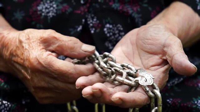 Close-Up of Elderly Hands Holding Broken Chain, Symbolizing Resilience