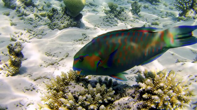 Vibrant parrotfish swims over sandy seabed near coral reef.