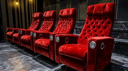 Indulge in a truly luxurious experience featuring plush red velvet seating within a stylish and elegant cinema setting
