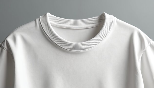 Close-up of vintage white t-shirt mockup. Features ribbed collar detail, textured background. Clean, minimalist design for apparel branding. Offers ample copy space for promotions. Casual, - Powered by Adobe