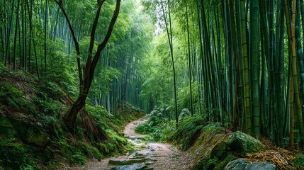 Obraz premium Serene bamboo forest path invites peaceful exploration amidst lush green tranquility and natural beauty.