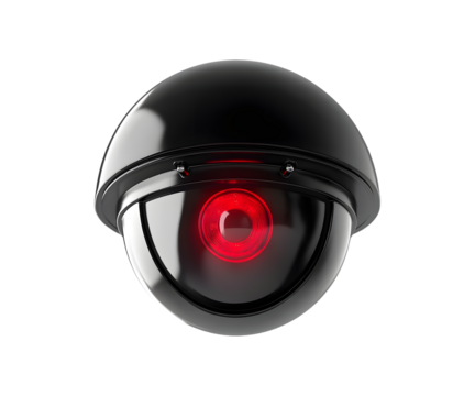 Black dome CCTV camera with red glowing lens, metallic housing isolated on transparent background, cut out