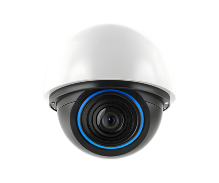 White dome security camera with black lens and blue ring isolated on transparent background, cut out