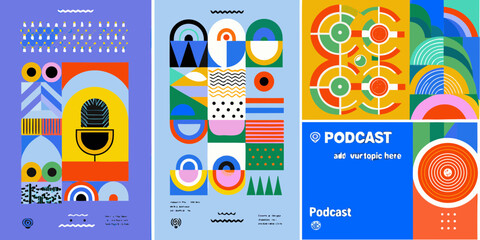 Modern Podcast Cover Art with Geometric Shapes and Bright Color Palettes