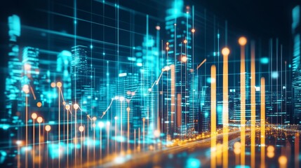 A vivid and vibrant city skyline that showcases digital graphs symbolizing rising data trends and analytics