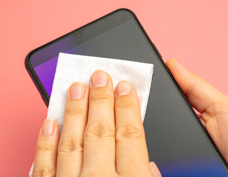 Cleaning Smartphone Screen with White Cloth on Pink Background - Powered by Adobe