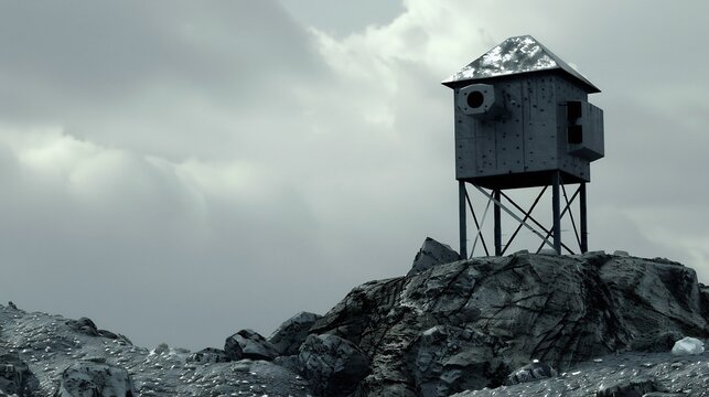 Small abandoned surveillance tower or guard shack on a rocky hill