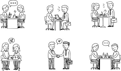 Business meeting and handshake communication vector illustration in black and white line art style 