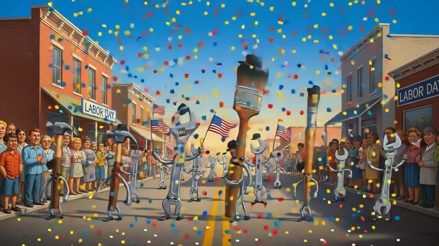 Whimsical Labor Day Parade of Anthropomorphic Tools Marching with Flags in a Magical Small-Town Celebration of Progress