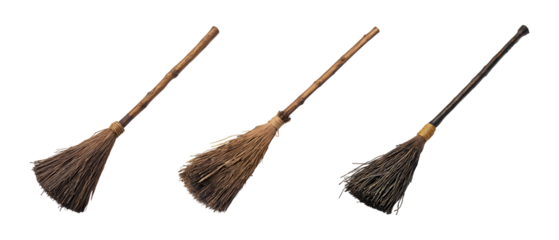 Set of witch broomstick isolated on transparent background, cut out