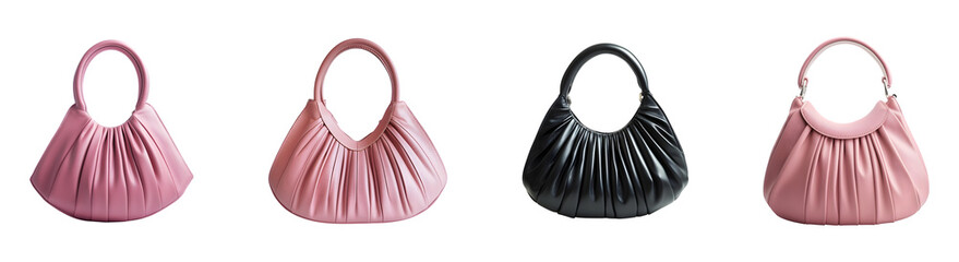 Set of stylish pink, red and black leather handbag with a rounded handle and gathered pleat design isolated on transparent background, cut out