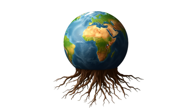Sharp PNG of Earth with roots extending down like a tree, on white. - Powered by Adobe