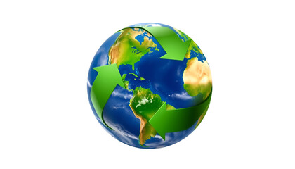 Earth globe surrounded by green arrows forming a cycle, isolated PNG on white.